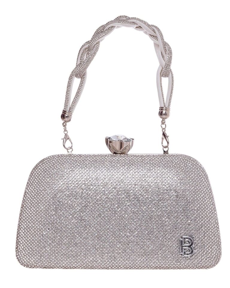 Ασημί clutch CK-6072 με καμπύλη κορυφή και διακοσμημένη χειρολαβή