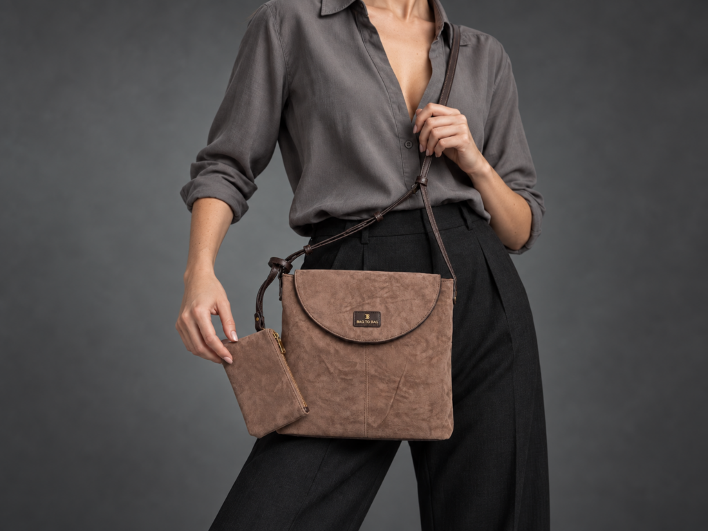Taupe χιαστί τσάντα BagToBag XQ20673 με ασορτί θήκη και λεπτό λουράκι, σε editorial φωτογράφιση με γκρι πουκάμισο