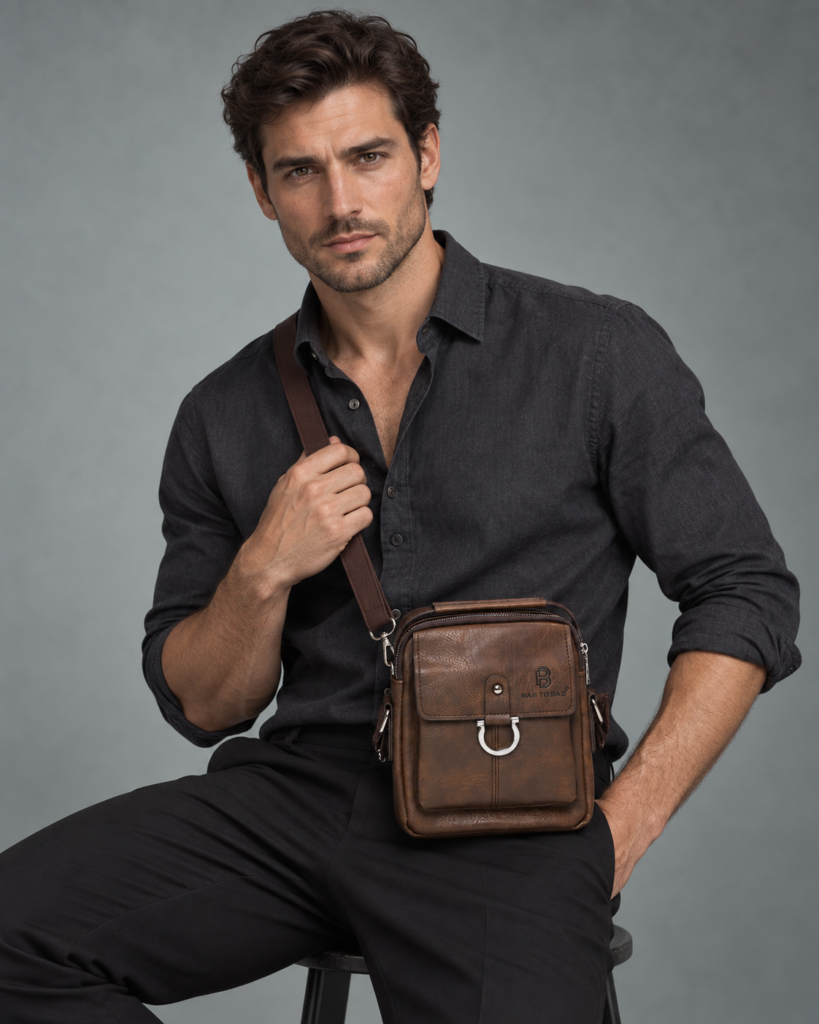 Καφέ ανδρικό τσαντάκι BagToBag MD-3081-2 με ανάλαφρο ανθρακί πουκάμισο και γυρισμένα μανίκια σε γκρι studio