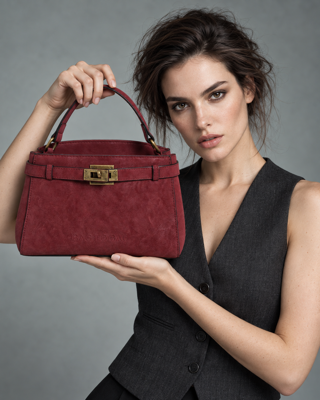 Η νέα συλλογή BagToBag για συνεργάτες χονδρικής, με μπορντό τσάντα χειρός σε high fashion studio φωτογράφιση