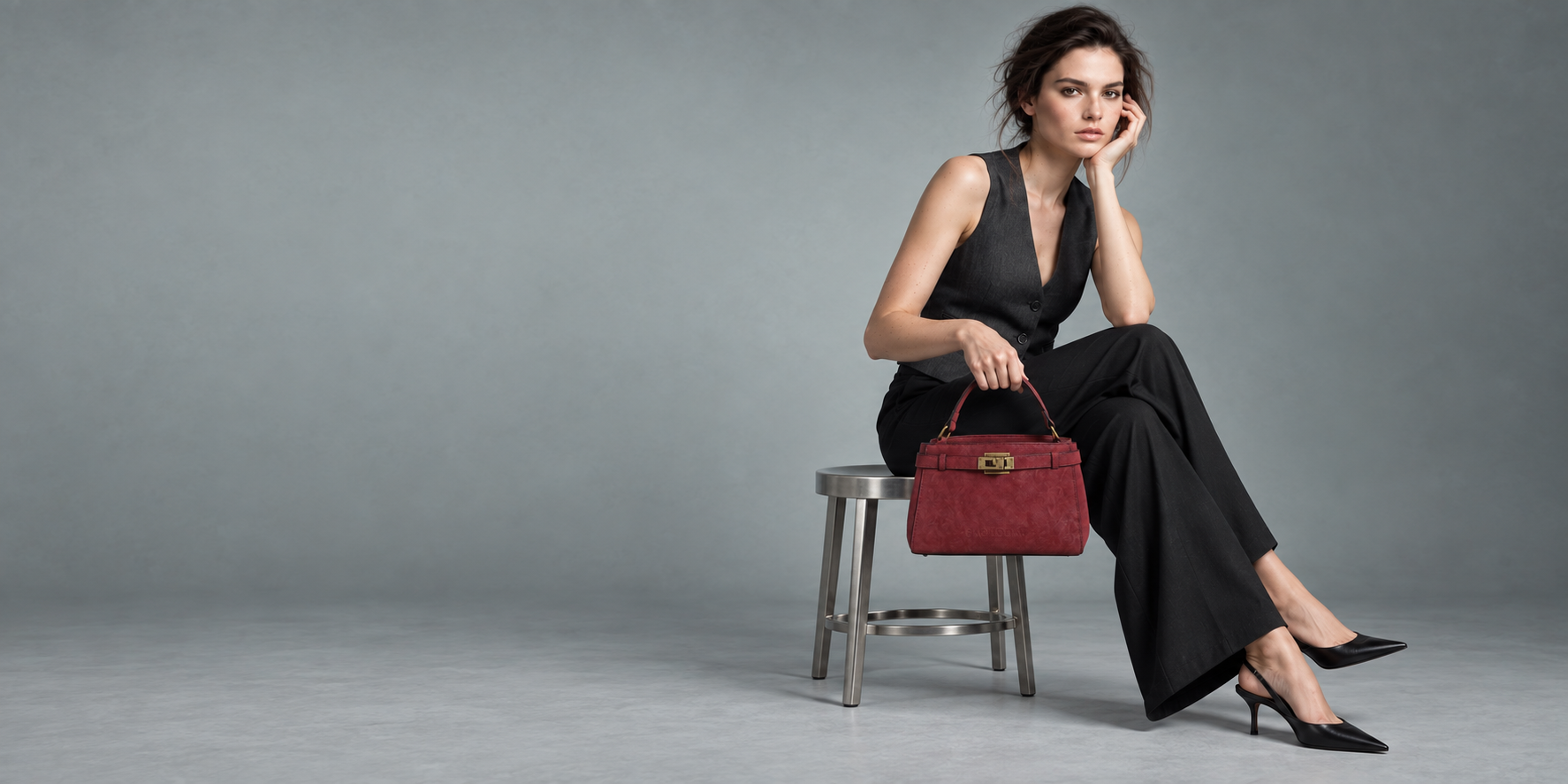 High fashion φωτογράφιση BagToBag με μπορντό τσάντα χειρός WH26023, ανάλαφρο charcoal γιλέκο και καθιστή πόζα σε γκρι studio