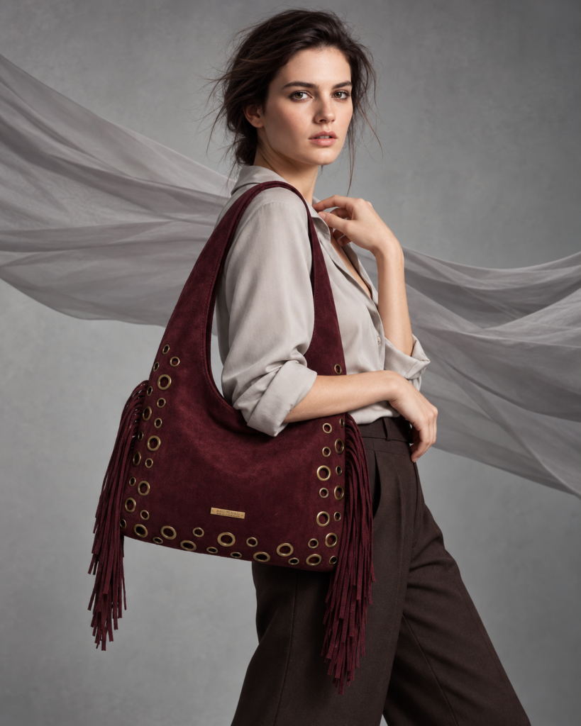 Τσάντα ώμου BagToBag WH26008 με κρόσσια σε μπορντό απόχρωση, συνδυασμένη με ανάλαφρο γκρι πουκάμισο σε high fashion πόζα