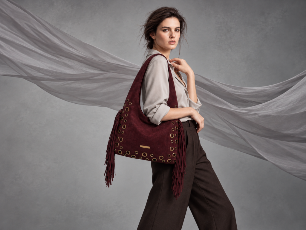 Μπορντό τσάντα ώμου BagToBag WH26008 με μεταλλικούς κρίκους και κρόσσια, γκρι πουκάμισο και high fashion πόζα σε studio